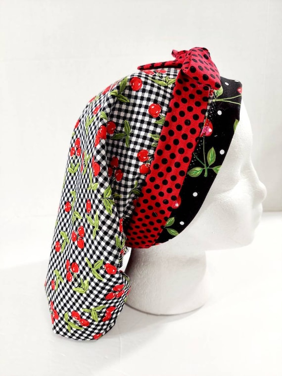 Scrub Cap, Women's Bouffant Cap, Chemo Hat, Surgical Cap, Surgery Hat, Face Mask, Cherries
