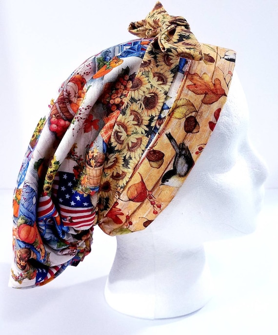 Surgical Hat, Women's Bouffant Hat, Chemo Hat, Scrub Cap, Surgery Hat, Surgical Cap, Thanksgiving, USA, Fall, Pumpkins, Birds, Sunflowers