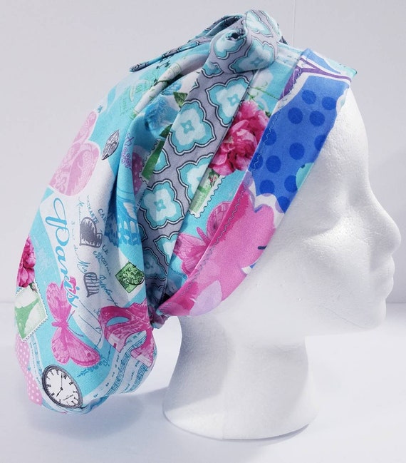 Surgical Hat, Chemo Hat, Women's Bouffant Hat, Surgical Cap, Surgery Hat, Face Mask, Paris, Flowers, Eiffel Tower