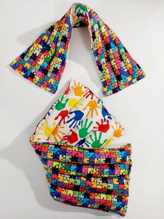 Rice-flax seed therapeutic heating/cooling pad, neck wrap, heat pad, rice bag, Autism, Autism Awareness,  Puzzle Pieces, Handprints