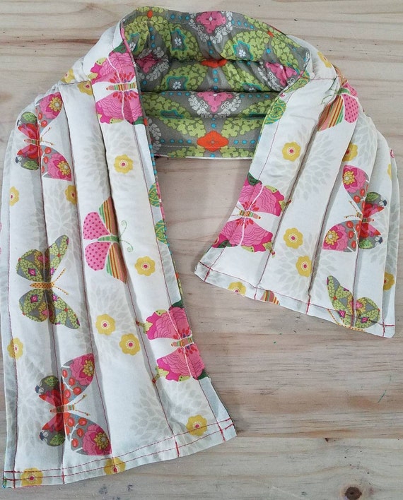 Rice-flax seed therapeutic heating/cooling neck wrap, heat pad, cold pack, rice bag, butterflies, flowers
