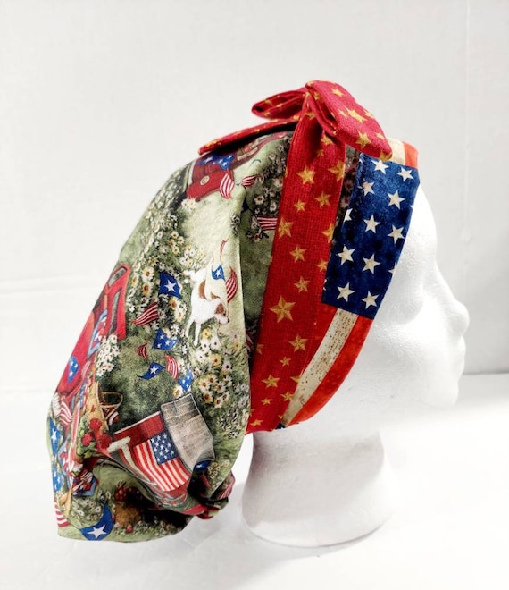 Surgery Hat, Surgical Cap, Scrub Cap, Women's Bouffant Hat, Chemo Hat, Head Covering, USA, Patriotic, Dog, Truck