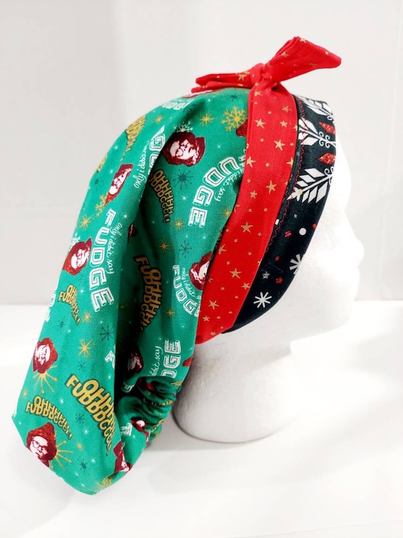Scrub Cap, Women's Bouffant Cap, Chemo Hat, Surgical Cap, Surgery Hat, Reversible, Christmas, Fudge