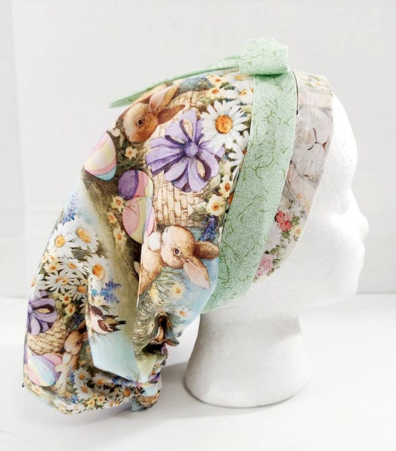 Scrub Cap, Women's Bouffant Cap, Chemo Hat, Surgical Cap, Surgery Hat, Reversible, Easter, Rabbits