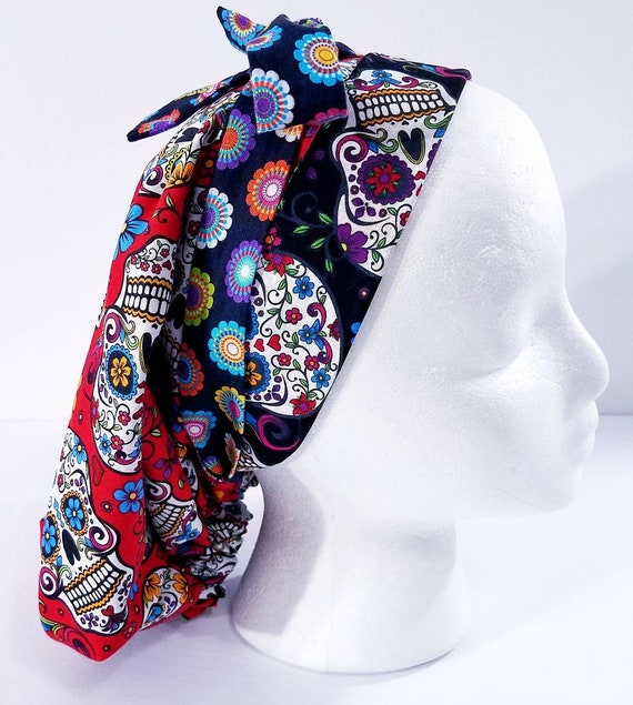 Surgery Cap, Surgical Hat, Women's Bouffant Hat, Chemo Hat, Scrub Cap, Face Mask, Head Covering, Sugar Skulls