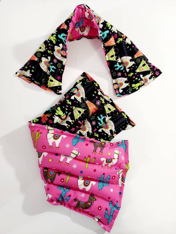 Rice-flax seed therapeutic heating-cooling neck wrap, heat pad, cold pack, rice bag, doula, llamas