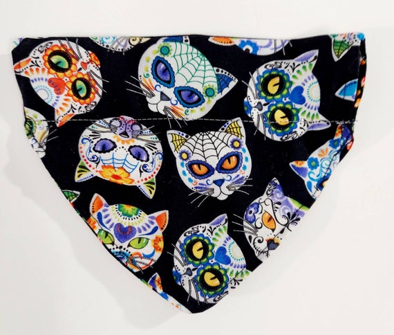 Over the Collar Bandana, Reversible, Cat Collar, Pet Gift, Sugar Skull Cats, Paw Prints