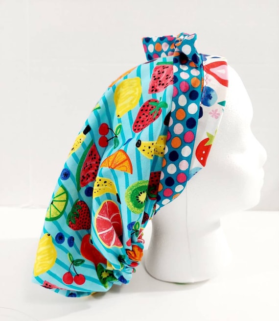 Scrub Cap, Women's Bouffant Cap, Chemo Hat, Surgical Hat, Reversible, Fruit, Strawberries, Blueberries, Bananas
