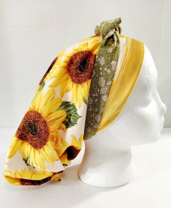 Scrub Cap, Satin Lined Surgical cap, Women's Bouffant Cap, Chemo Hat, Surgery Hat, Face Mask, Sunflowers