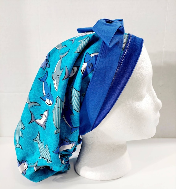 Satin Lined Scrub Cap, Women's Bouffant Cap, Chemo Hat, Surgical Cap, Surgery Hat, Sharks