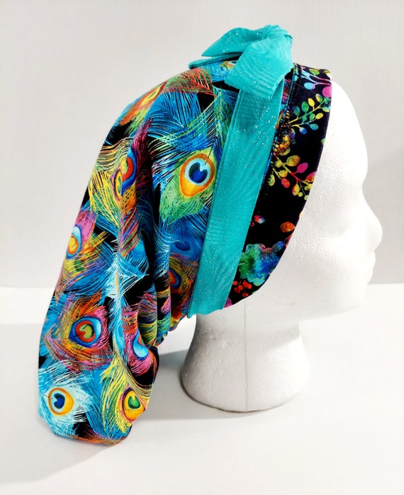 Scrub Cap, Women's Bouffant Cap, Chemo Hat, Surgical Cap, Surgery Cap, Reversible, Peacock, Feathers