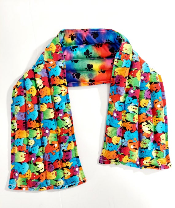 Rice-flax seed therapeutic heating/cooling neck wrap, dogs, bones, puppies, rainbow