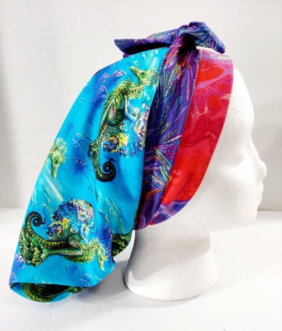 Scrub Cap, Women's Bouffant Cap, Chemo Hat, Surgical Cap, Surgery Hat, Reversible, Mermaids, Sea Horse
