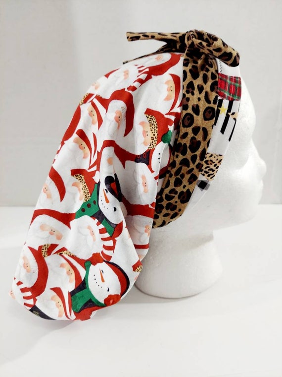Scrub Cap, Women's Bouffant Cap, Chemo Hat, Surgical Cap, Reversible, Leopard Print, Santa, Christmas Tree, Christmas, Snowmen