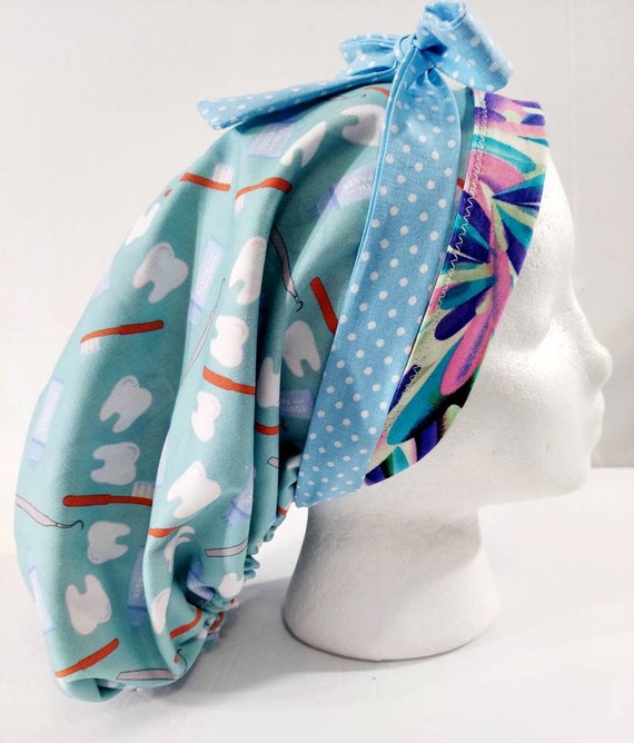 Scrub Cap, Women's Bouffant Cap, Chemo Hat, Surgical Cap, Surgery Hat, Reversible, Dental, Dentist, Dental Hygienist, Teeth