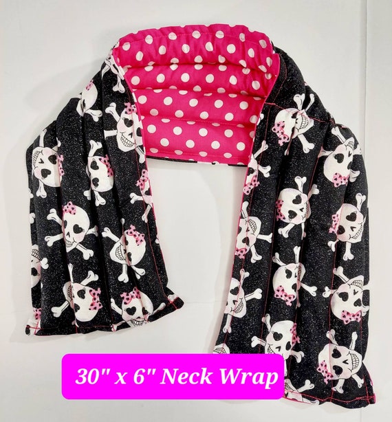 Rice-flax seed therapeutic heating-cooling pad neck-shoulder-knee wrap skulls, bows, glitter