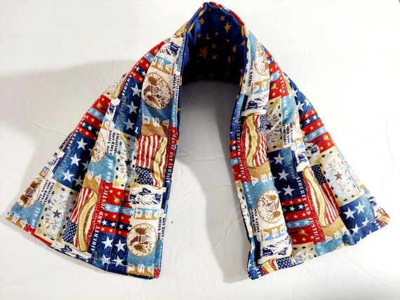 Rice-flax seed therapeutic heating-cooling pad, neck wrap, rice bag, heat pad, cold pack, USA, stars, patriotic