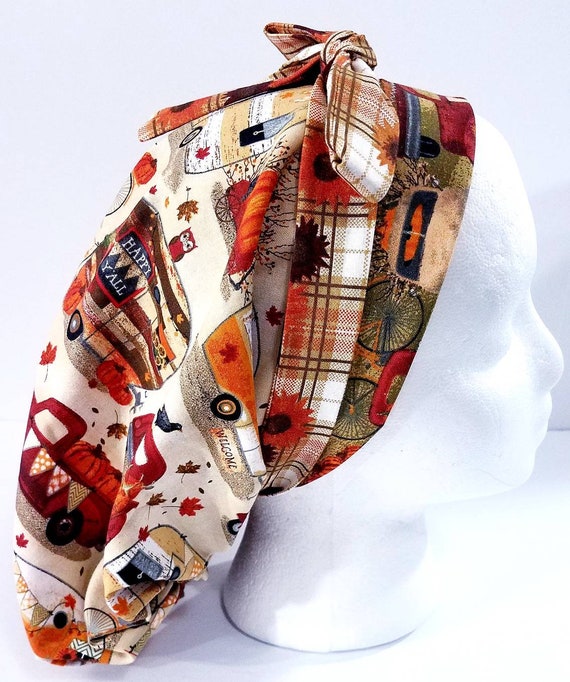 Surgical Cap, Surgery Hat, Women's Bouffant Hat, Chemo Hat, Scrub Cap, Fall, Camper, Pickup Trucks, Pumpkins