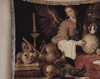 Gothic Allegory of Vanity Blanket: Woven Memento Mori Tapestry