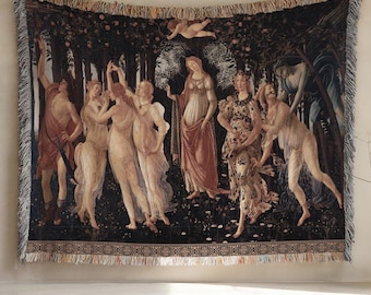 Manta tejida Primavera de Botticelli: tapiz de arte renacentista