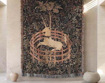 Unicorn in Captivity Woven Blanket: Medieval Tapestry Throw, Fantasy Decor