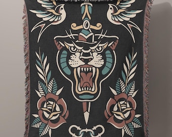 Panther and Sword Woven Blanket: Tattoo Art Throw, Bold Wall Tapestry