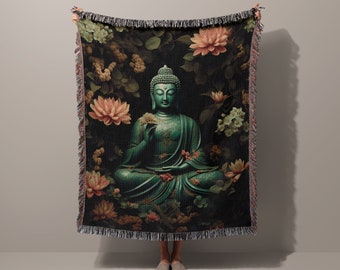 Lotus Buddha Jacquard Woven Blanket Throw Tapestry