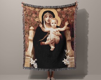 Madonna of the Lillies Jacquard Woven Throw Blanket Tapestry