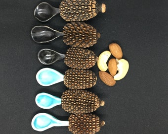 tiny ceramic spoons with she oak seed pod handles - 2 bronze and 4 teal