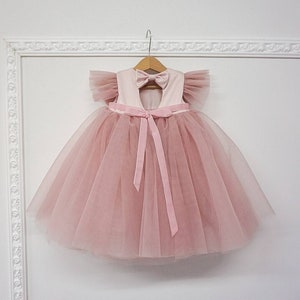 1st Birthday Tulle Dress, Butterfly Sleeve, Short Sleeve Flower Girl Dress, First Birthday Baby Princess Outfit, Tutu Dress, Rose Pink