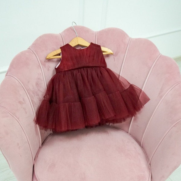 Baby Tüll Kleid, Blumen Mädchen Bordeaux Kleid, Weihnachten Kleinkind Tutu Kleid, Geburtstag Mädchen Kleid, Bordo Tutu Baby Kleid