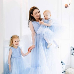Mommy and me dresses, long sleeve dusty blue matching dress, full length tutu dress, first birthday mother and daughter outfit