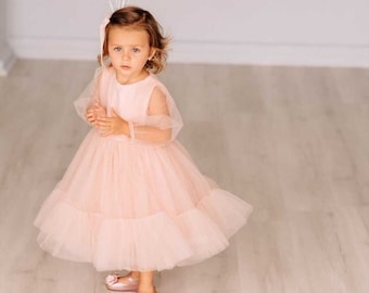 Easter Baby Girl Dress, Blush Pink dress for toddlers, tulle Princess Outfit, Tutu pink Dress, long sleeve kids dress, pale pink dress