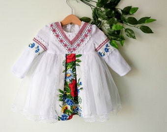 Ukrainian style communion dress, long sleeve christening vyshyvanka baby dress, ukrainian present, traditional outfit