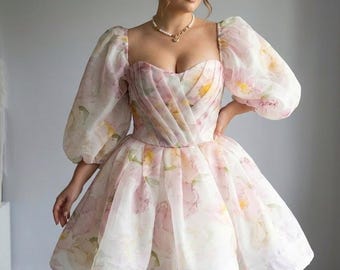Flower Organza Woman Dresss, Mini Fluffy Mini Dress, Puffy Sleeves Gown, Photoshoot Dress, Wedding Party Dress,  Floral Dress