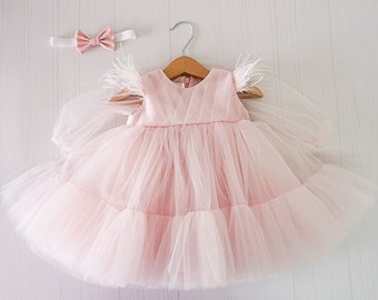 Little girl dress, pale pink first birthday dress, tulle baby girl dress, long sleeve outfit, feathers dress, toddler dress, 1st birthday