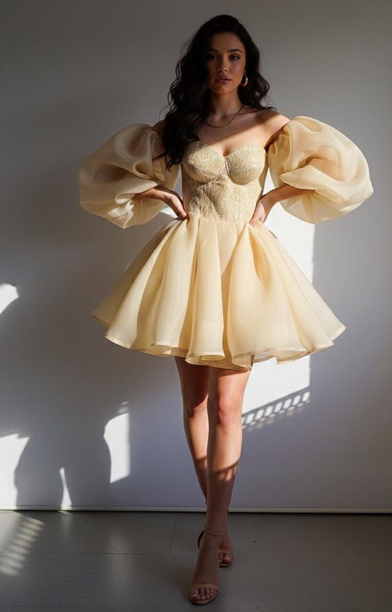 green emerald velvet dress Yellow Plunging Puff Off-the-Shoulder Appliques Homecoming Dress main image 0