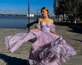 Violet organza dress, boho ruffle gown, maternity photoshoot dress, woman bohemian corset dress, long chiffon dress