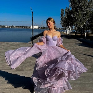 Lilac Organza Dress for Photoshoot, Lavender Corset Prom Gown, Fairy Ethereal Ball Gown, Off Shoulder Purple Custom Wedding Dress