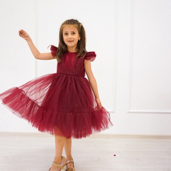 Flower girl dress, butterfly dress baby girl, baby tulle dress, burgundy tutu dress, marsala dress, Christmas clearance