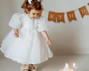 Ivory organza dress, flower girl dress, puffy sleeves dress, toddler 1st birthday dress, first birthday baby girl dress, , smash cake