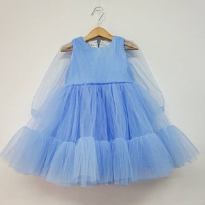 Baby girl dress, first birthday party, toddler tulle dress, dusty blue little girloutfit, long sleeve dress, princess, Alice in Wonderland