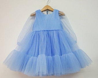 Baby girl dress, first birthday party, toddler tulle dress, dusty blue little girloutfit, long sleeve dress, princess, Alice in Wonderland