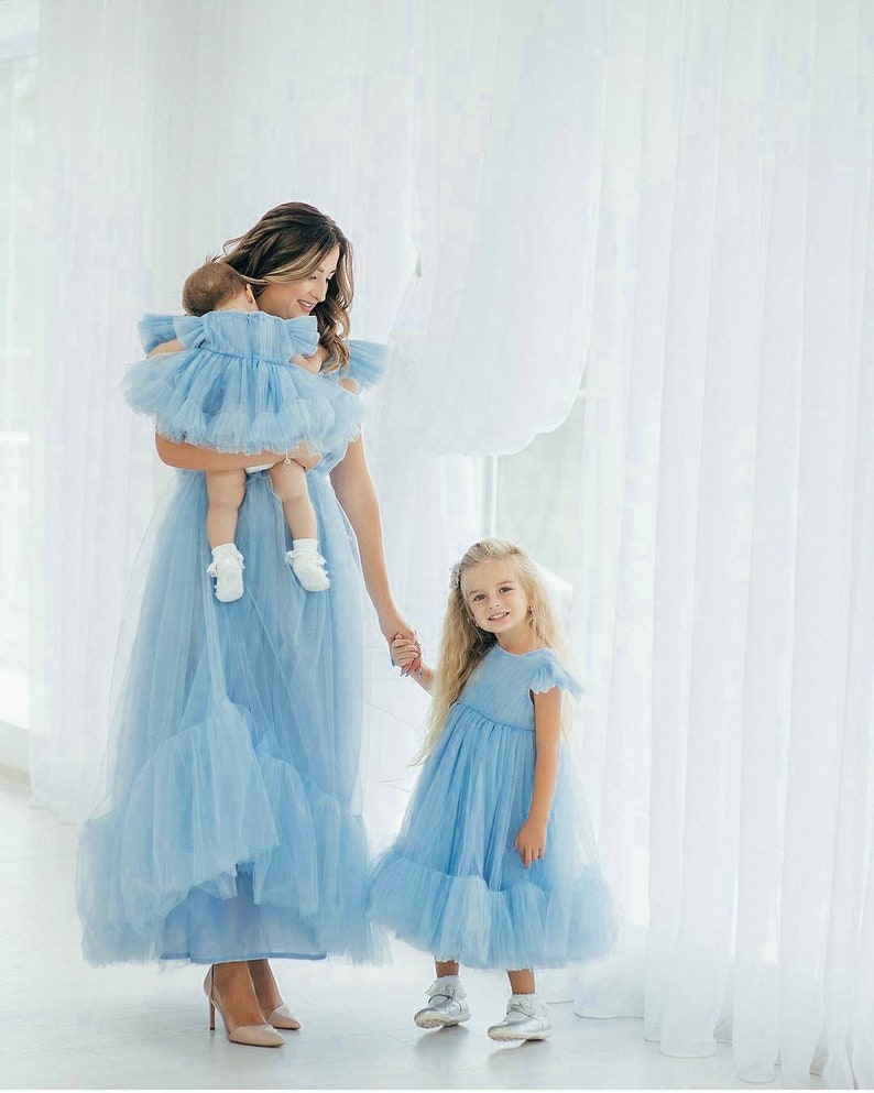 Mommy and me matching dresses,  dusty blue tulle family look, sky blue mother and daughter outfit, Christmas clearance, photo prop 