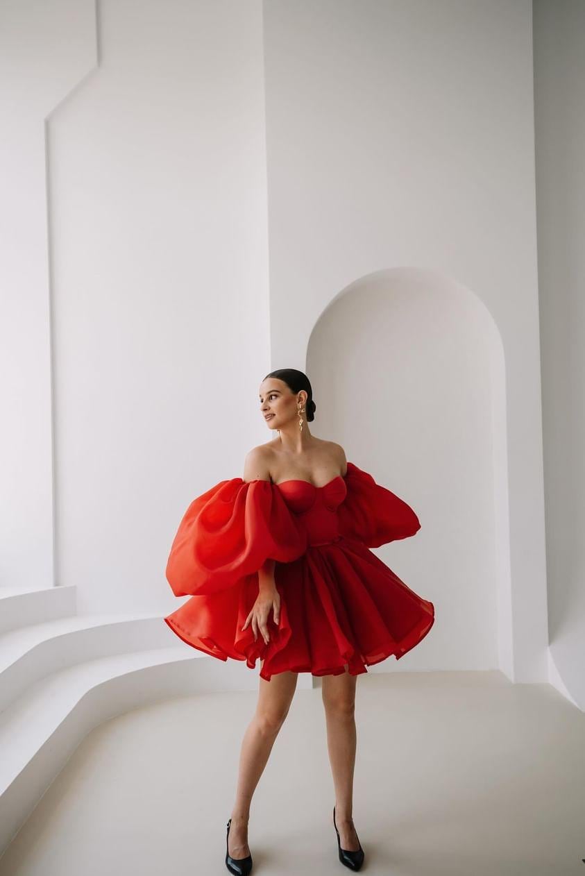 red puffy mini dress Red corset mini dress, woman fluffy organza dress, princess long sleeve dress with puffy skirt, chic photoshoot gown, bridal dress, prom
