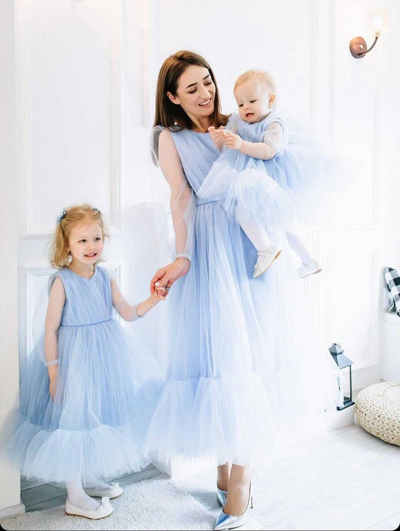 Mommy and me dresses, long sleeve dusty blue matching dress, full length tutu dress, first birthday mother and daughter outfit