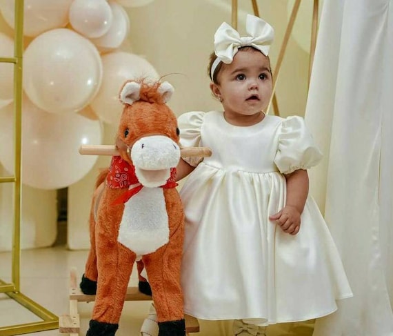 Flower Girl Dress, Ivory Satin Baby Dress for Wedding, Cream Toddler Dress with Short Sleeves, Champagne Princess Dress, Baptism Outfit