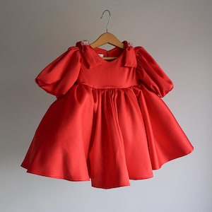 Red satin baby girl dress, long sleeve toddler dress, little girl first birthday dress, toddler 1st birthday party gown,  photoshoot  dress