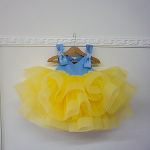 Ukrainian flag girl dress, blue and yellow first birthday dress, peagant tulle dress, pearls and rhinestones dress,  little princess outfit