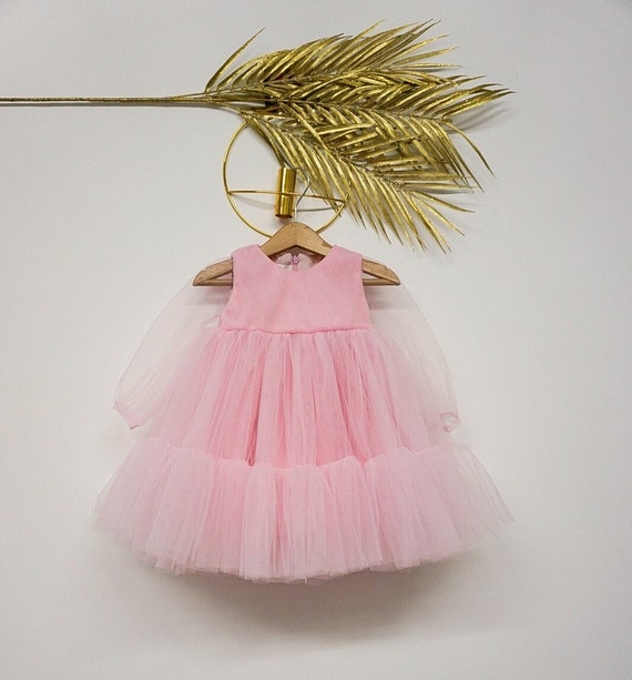 Robe princesse petite fille rose en tulle douce manches longues